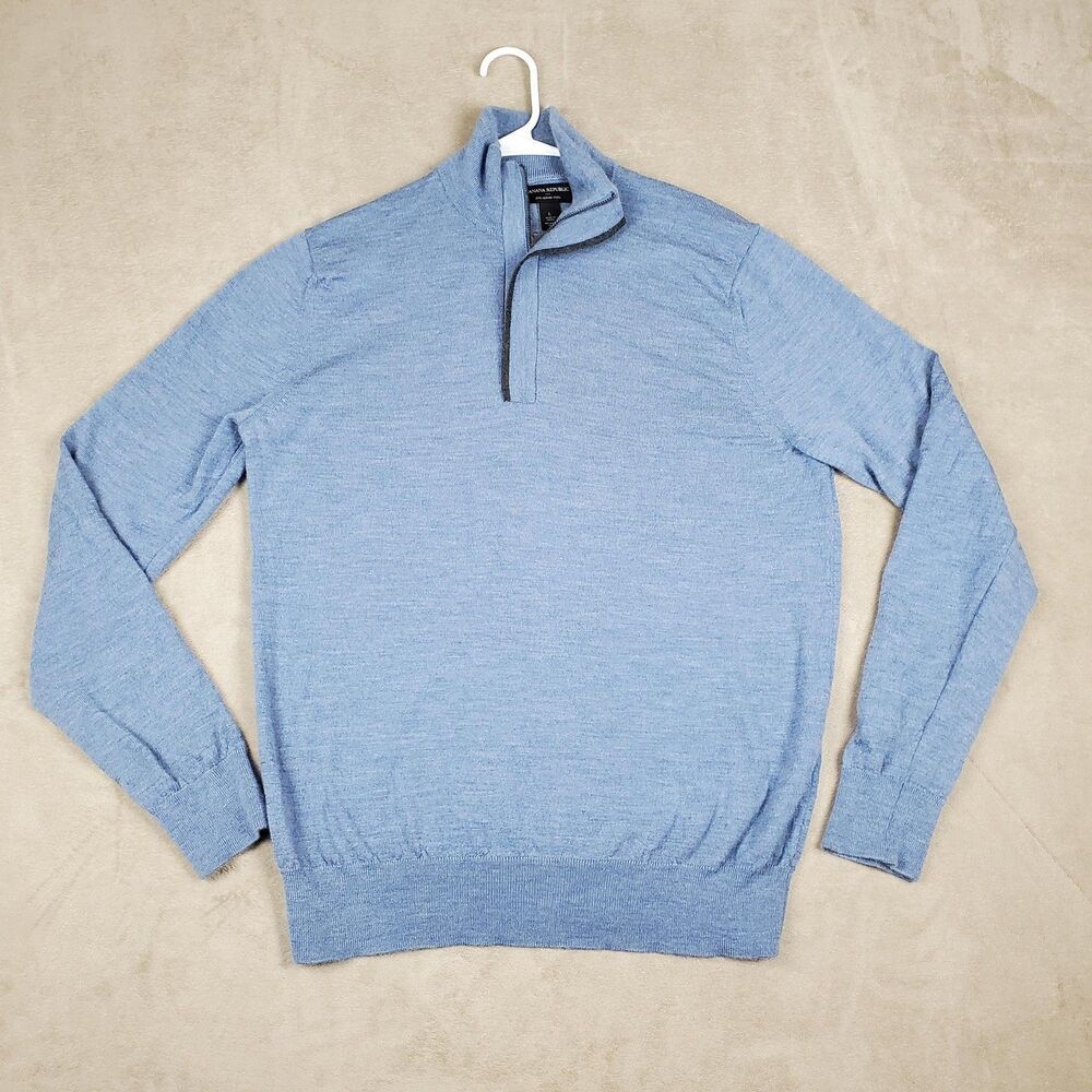 Banana Republic Sweater Mens Large Blue 1/4 Zip Mock Neck 100% Merino Wool Knit